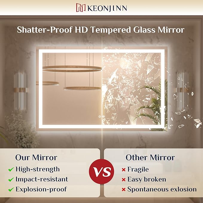Keonjinn 96 ” x 36 ” Lighted Mirror for Bathroom Wall, LED Mirror with Frontlit & Backlit, Large Bathroom Mirror with Lights, Dimmable 3-Color Lights, HD Tempered Glass, UL-Listed LED Driver