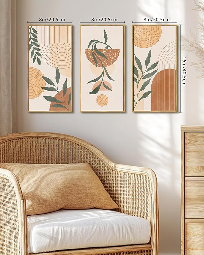KUVIOKE Boho Orange Wall Art Green Botanical Leaf Artwork BohemainMinimalist Line for Bathroom Living Room 8x16in3pcs Natural Framed