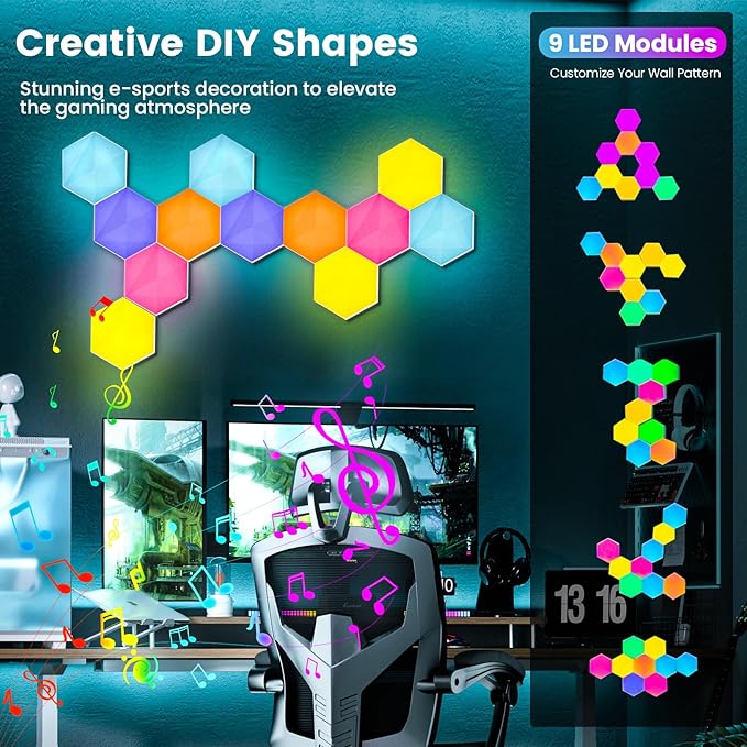 Pak Hexagon Lights 9 Packs DIY LED Light, RGB+IC Creative Gaming Lights Wall Décor with Remote, with APP Smart Modular Panel Hex Tiles, Push Glide Expansion Shape with Music Sync, Voice Control