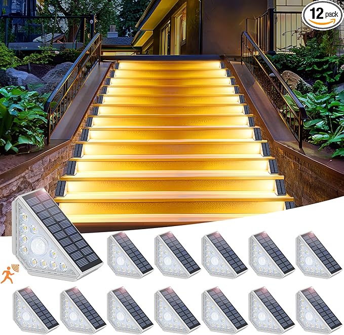 Solar Step Lights for Outside, 12-Pack Motion Sensor Outdoor Stair Lights Waterproof IP67, Solar Powered LED Outdoor Step Lights Decor for Yard Garden Porch Patio Pathway Deck, Warm White