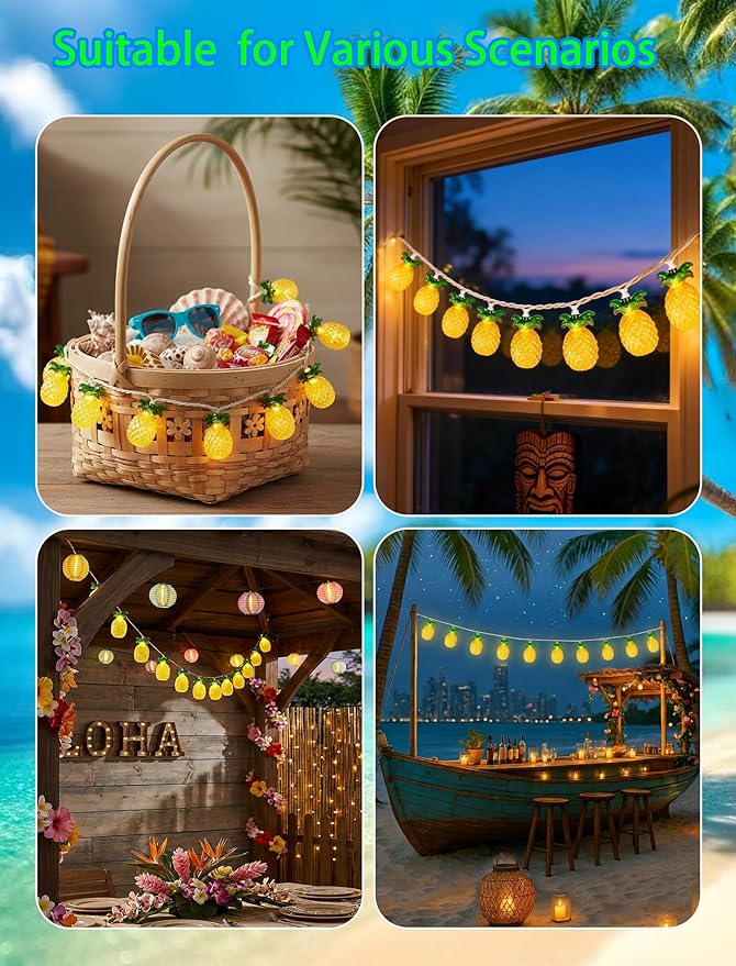 8.5Ft Luau Party Pineapple Lights, 10L LED Pineapple String Lights Plug in for Indoor/Outdoor Home Table Porch Pergola Tiki Bar Aloha Hawaiian Tropical Party Lights