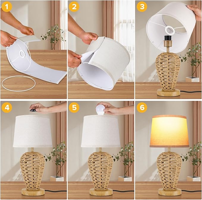 Boho Table Lamp,Touch Control & 3 Way Dimmable, 100% Hand Woven Rattan Coastal Farmhouse Bedside Nightstand Lamp for Bedroom, Living Room, Office (Bulb Included)