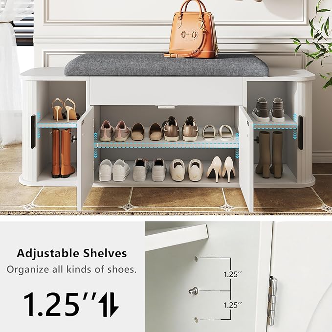 47.2'' Entryway Shoe Storage Bench with Seat Cushion & Sliding Door, Shoe Rack with Lift-Top Hidden Storage & Adjustable Shelf, Bench for Bedroom End of Bed, White