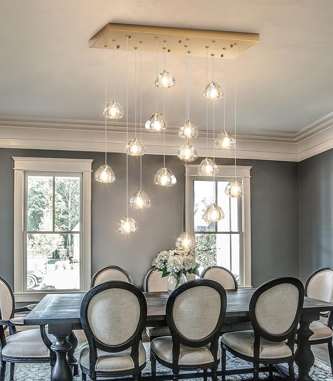 W27.6 x D11.8 x H118 Rectangular Glam Chandelier Bubble Crystal Ceiling Pendant Lights Dimmable High Ceiling Chandeliers Fixtures Adjustable Long Lights Antique Gold