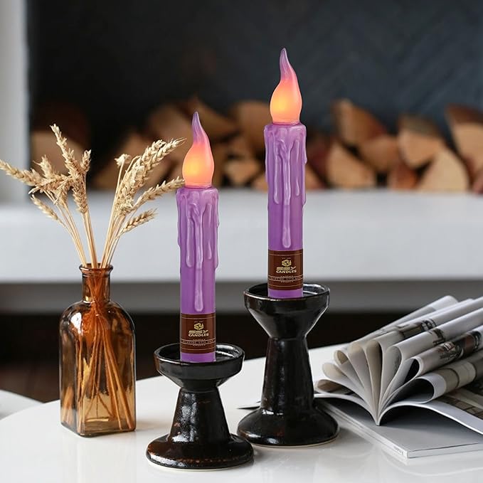 Purple Flameless Short Taper Candles, Real Wax Hand Dipped LED Battery Operated with Remote, Flickering Flame Lights for Festival Party Home Décor, 6.7 Inch Primitive Flameless Candles, 4PCS