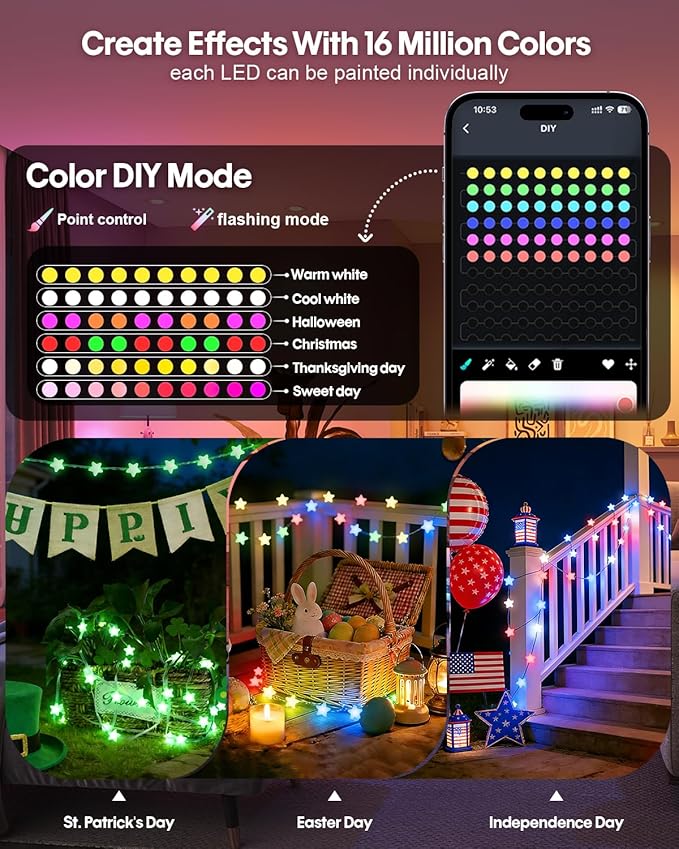 Smart Star Fairy Lights 65.6Ft, 16M Color Changing String Lights with Remote & APP Control, Music Sync, Timer, RGB DIY Colored Twinkle Lights Hanging for Indoor Bedroom Party Christmas Decor