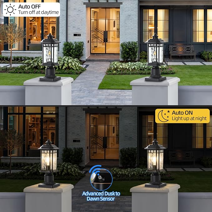 DASTOR 2 Pack Outdoor Post Lights, Dusk to Dawn Outdoor Lamp Post Light Fixture with Pier Mount Base, Waterproof Aluminum Post Lantern for Garden Patio Pathway