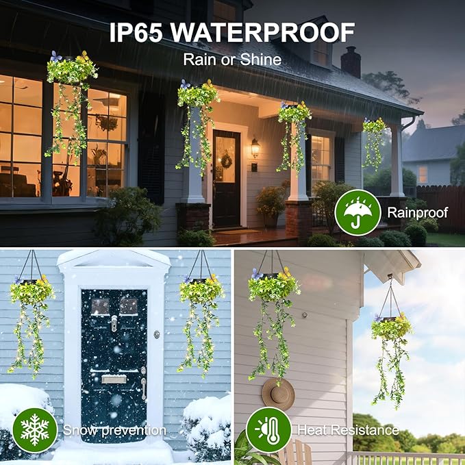Solar Hanging Garden Lights for Spring Summer, 2 Pack 66 LEDs Realistic Flower Vine Fairy String Lights, IP65 Waterproof Outdoor Decor for Garden Patio Fence, 8-12 Hrs Auto Lighting, Mother‘s Gift