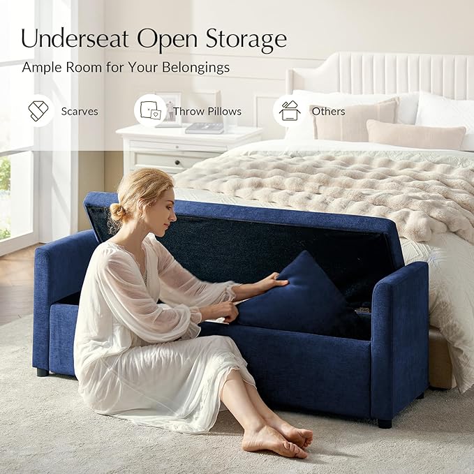 59.5" Modern Storage Ottoman Bedroom Bench, End of Bed Bench with Arms and Throw Pillows, Footrest Stool for Living, Dining Room, Entryway and Hallway, Navy