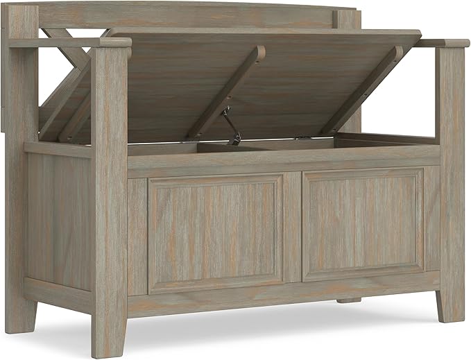 SIMPLIHOME Amherst Entryway Storage Bench - 36 inch Wide Solid Wood Hallway Bench in Distressed Grey, Transitional Bench for Entry or Mudroom with Lift-Up Lid, Storage Compartments and X-Back Detail