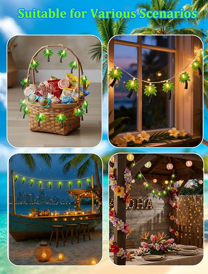 8.5Ft Palm Tree Lights Outdoor, Patio Lights String with 10 LED Summer Beach Themed Lights for Indoor Bedroom Tiki Party Decor, White Wire