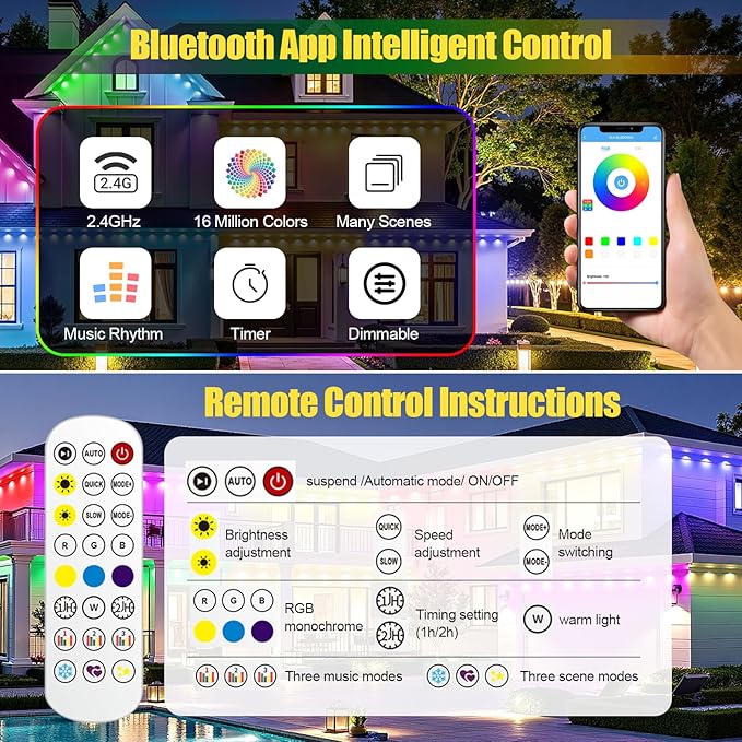 Permanent Outdoor Lights for House, 300ft RGB+IC Smart LED Eaves Lights, IP67 Waterproof Outdoor Lighting with App/Remote Control for Christmas, New Year, Halloween, Holiday, Party, Daily