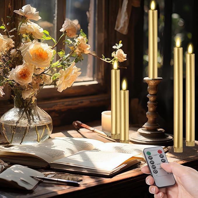 10 Pcs Flameless Taper Candles with Remote Battery Operated Taper Candles Include 6.5'' 7.7" 8.9" 10" 11.2" Fake LED Electric Candle Sticks for Valentine's Day Home Wedding Decor (Gold)
