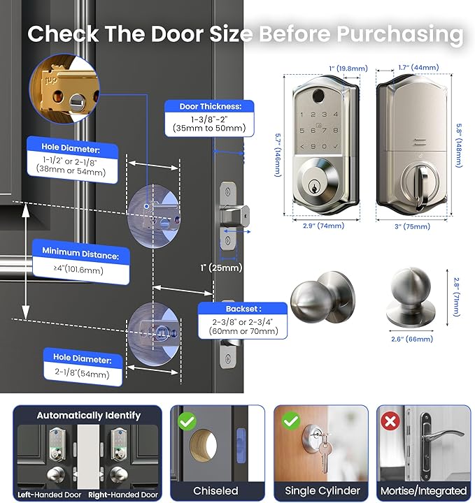 Veise VE017-K Fingerprint Smart Lock with 2 Knobs, App Control, Keyless Entry Front Door Lock Set, Electronic Touchscreen Keypad Deadbolt, Emergency Power Port, Easy Install, Auto-Lock, Satin Nickel