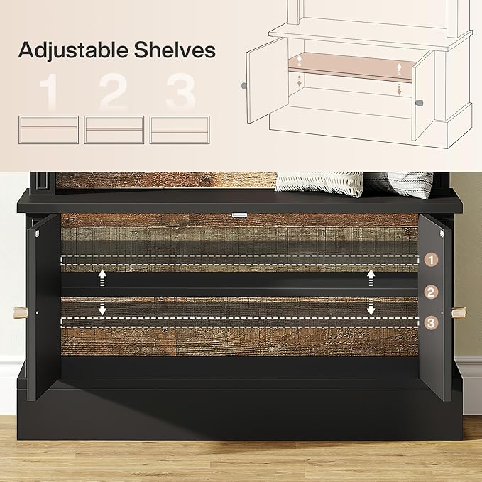 Tribesigns 70.86" Hall Tree with Storage Bench, 4-in-1 Design Entryway Bench with Coat Rack, Farmhouse Hall Tree with 5 Hooks and Adjustable Shoe Storage for Entryway, Hallway(Black＋Brown)