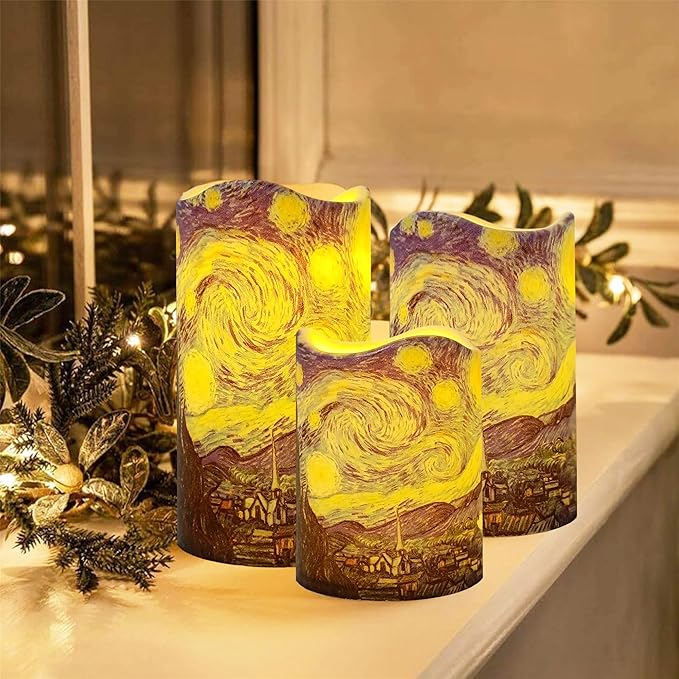 Remote Flameless Candles 4" 5" 6" - Set of 3 Van Gogh Starry Night Design LED Pillar Candles Battery Operated with Timer for Home Decor Indoor Outdoor,PLT3P-StaNit