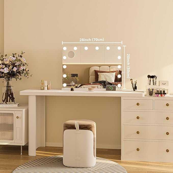 Hasipu 28"x20" Vanity Mirror with Lights, Makeup Mirror with Lights and Magnification, Hollywood Mirror with 3 Color Modes, LED Make up Mirror, Light up Mirror with USB & Type-C Charging