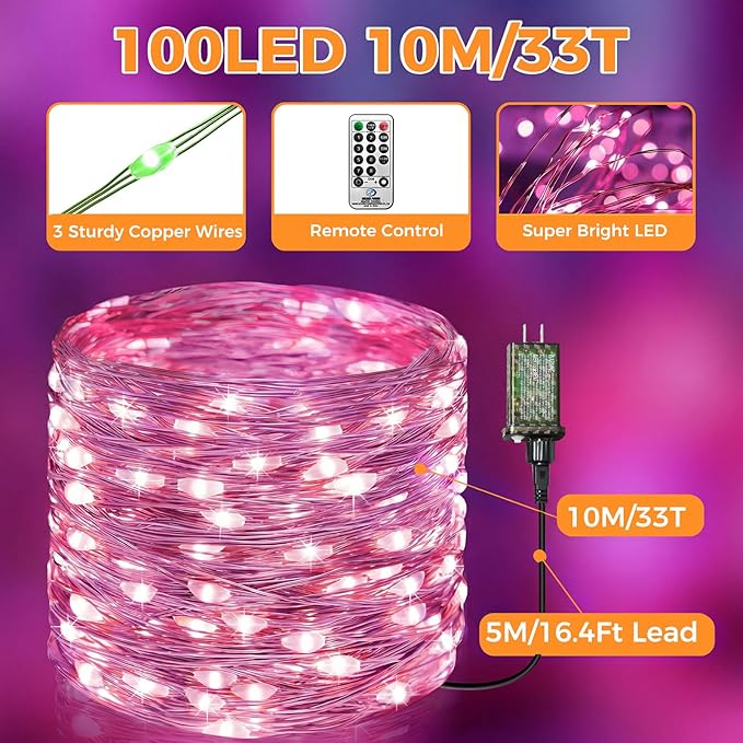 btfarm Fairy Lights Plug in with Remote, 33FT 100 LED Outdoor Twinkle Lights Waterproof with Timer, 8 Modes Indoor String Lights for Bedroom Patio Garden Wedding Christmas Decoration, Pink