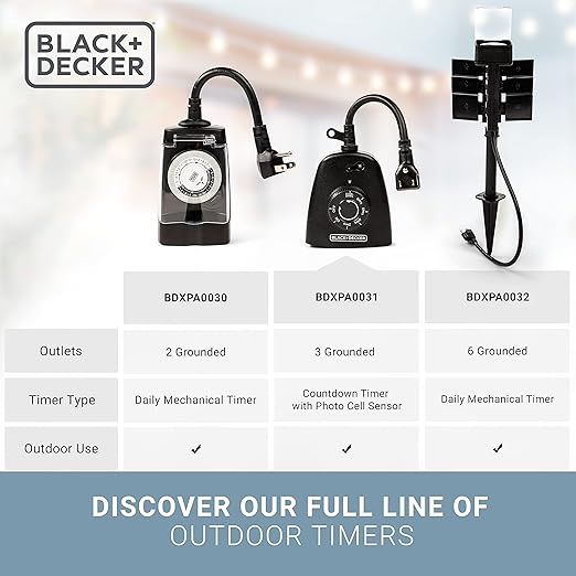 Black+Decker Outdoor 3 Grounded Outlets Timer with Waterproof Outlet and Countdown BDXPA0031