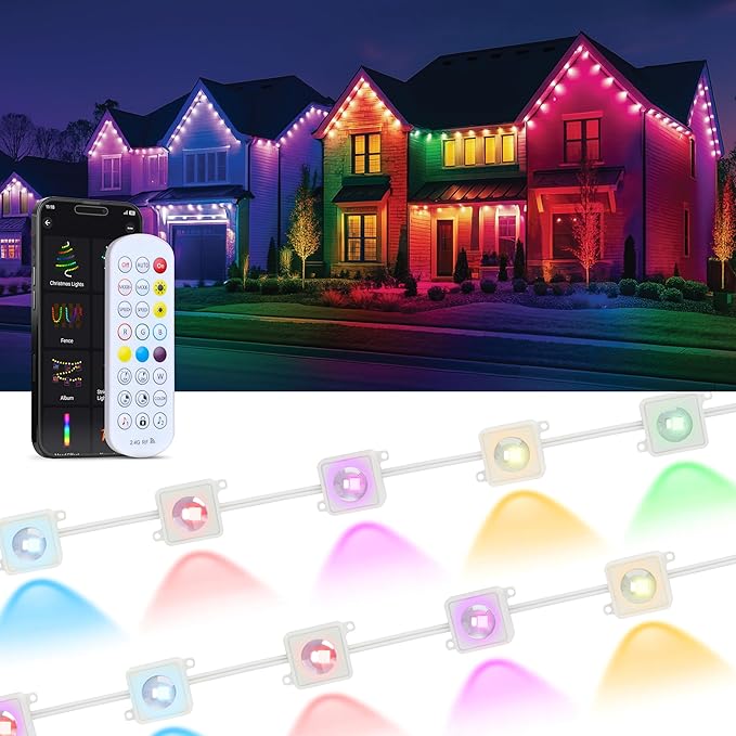 EcoNour 100 FT Smart RGB Permanent Outdoor Lights | Music Sync, Waterproof LED Eaves Lights with Extension Connector & Remote Control | Colorful RGB LED Christmas Light with Festive Lighting Effects