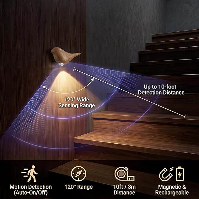 Timber Motion Sensor Night Light, Magnetic Wall Light, Rechargeable Bird Lamp, USB Type-C, Warm LED Night Lamp for Bedroom, Bathroom, Hallway, Stair (2 Pack)