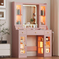 Vanity Desk with Mirror and Lights, Pink Makeup Vanity Table with 3 Modes & Adjustable Brightness, Glass Cabinets, Drawers, Outlet, Modern Dressing Table for Bedroom, Girls, Women, Teens