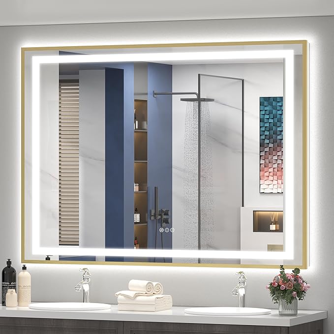 OKPAL 55x40 Gold LED Bathroom Mirror Metal Framed Front Light & Backlit, Lighted Vanity Mirror, Anti-Fog, Dimmable, 3 Colors, Shatterproof, ETL Listed, Horizontal/Vertical