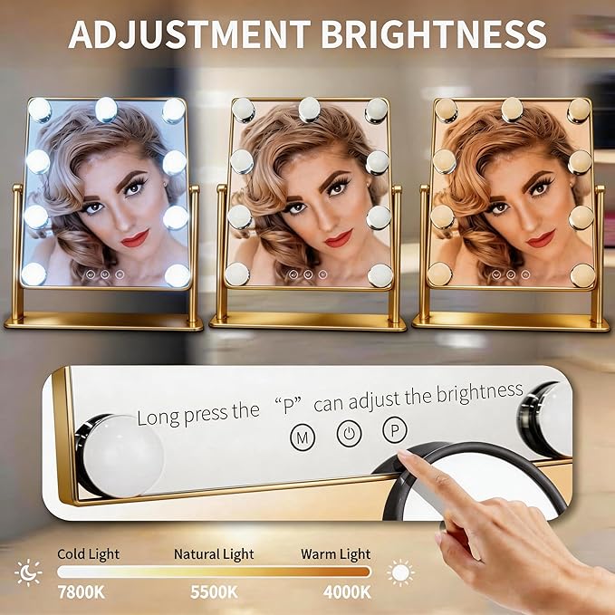 Makeup Vanity Mirror with Lights 13.77"x 11.81" LED Makeup Mirror Detachable 10X Magnification, Hollywood Make Up Mirror with Lighting, Smart Touch, Rechargeable,360° Rotation, (Gold)