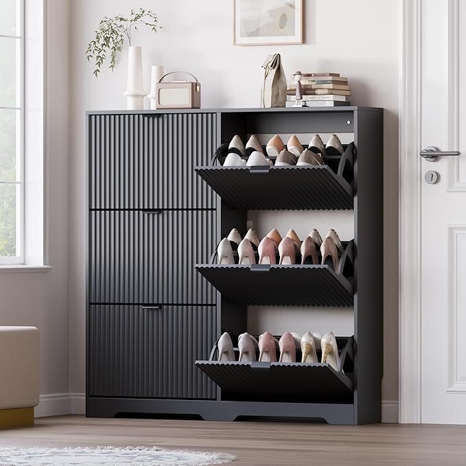 Large Shoe Cabinet for Entryway, Tall Narrow Shoe Storage Cabinet with 6 Flip Drawers and Adjustable Shelves, Shoe Rack Cabinet Organizer for Hallway, Foyer, Small Apartment