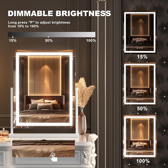 Hasipu Large LED Vanity Mirror 17"x22" - Makeup Mirror with 10X Magnification, Smart Touch 3-Color Lighting & Dimmable Control