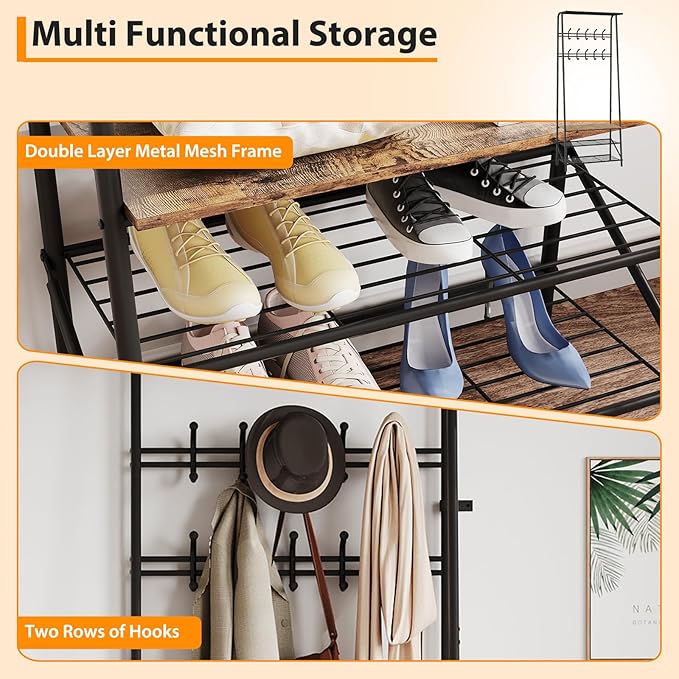 25" Coat Rack Hall Tree Shoe Rack Bench with Hooks, 4-Tier Shelf Entryway Coat Hanger Stand with Storage, Freestanding Metal Frame Multifunctional Hallway Organizer, Accent Furniture for Bathroom