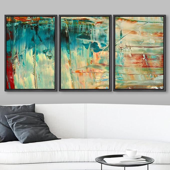 wall26 Framed Canvas Print Wall Art Set Thick Teal, Tan & Orange Paint Color Field Abstract Shapes Illustrations Modern Art Chic Colorful Ultra for Living Room, Bedroom, Office - 24"x36"x3 Black