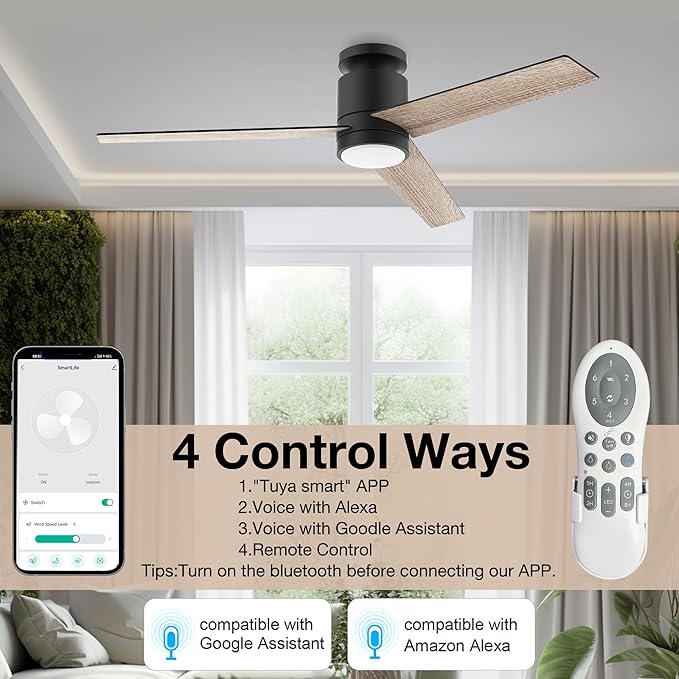 52” Smart Flush Mount Ceiling Fans with Lights Remote,Quiet DC Motor,Outdoor Indoor Low Profile Ceiling Fan,Voice Control via WIFI Alexa App,Modern Black& Walnut Dimmable Fan for Bedroom Patio