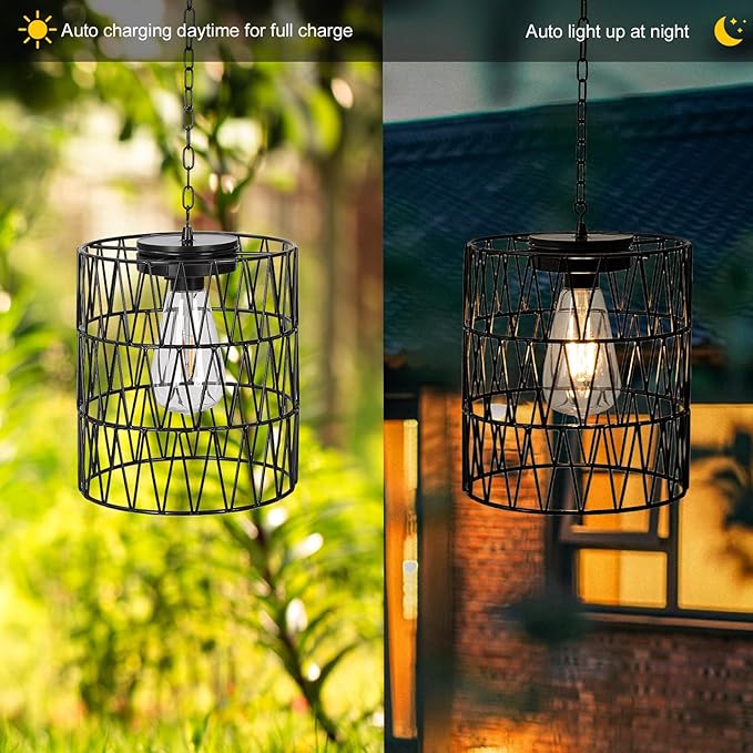 Livinlarge Hanging Pendant Lights,Metal Solar Outdoor Chandelier,Solar Hanging Lights with Warm White LED Bulb for Patio Garden Tree Pergola Gazebo Porch Yard Decor