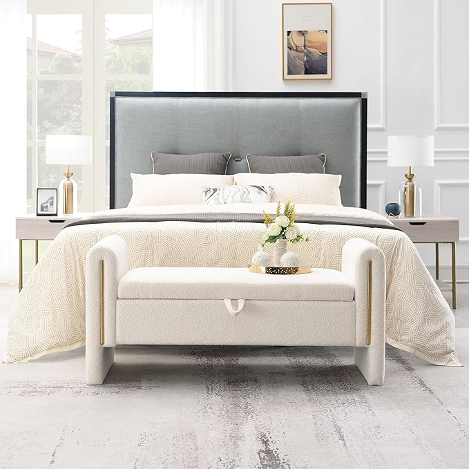 Modern 52" Storage Ottoman Bench, Upholstered End of Bed Storage Bench with Armrests, Entryway Bench, Teddy Foot Rest Stool for Living Room Hallway Bedroom (White)