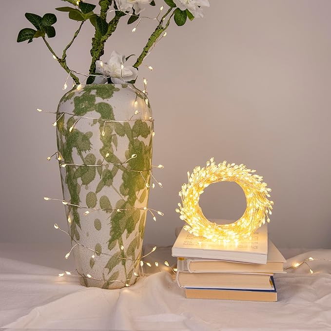 Fairy Lights Plug in, 10FT 100LED Firecracker String Lights Waterproof Silver Wire, for Bedroom/DIY/Party/Garden/Porch/Patio/Backyard/Christmas Tree, with Remote Timer & 8 Modes, Warm White