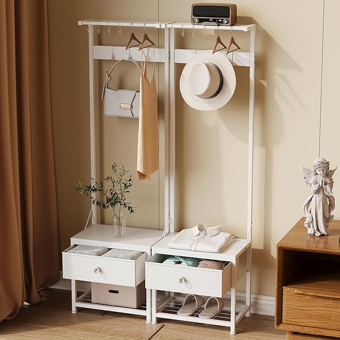LUMTOK Hall Tree with Shoes Bench, Small Coat Rack with Fabirc Drawer and Shelf for Bedroom, 4-in-1 Entryway Organizer with Shoes Stool for Living Room, Entryway, Closets (Rustic Brown) (White, Small)