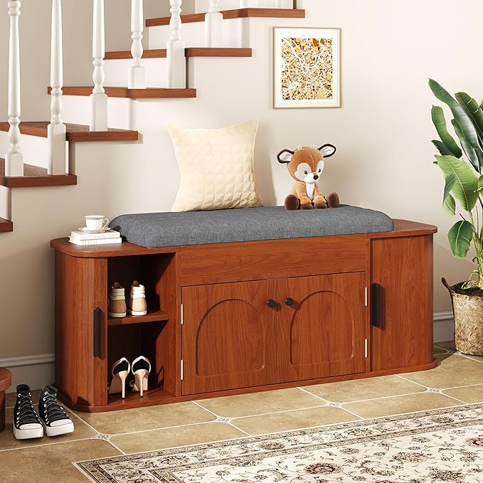 47.2'' Entryway Shoe Storage Bench with Seat Cushion & Sliding Door, Shoe Rack with Lift-Top Hidden Storage & Adjustable Shelf, Bench for Bedroom End of Bed, Walnut