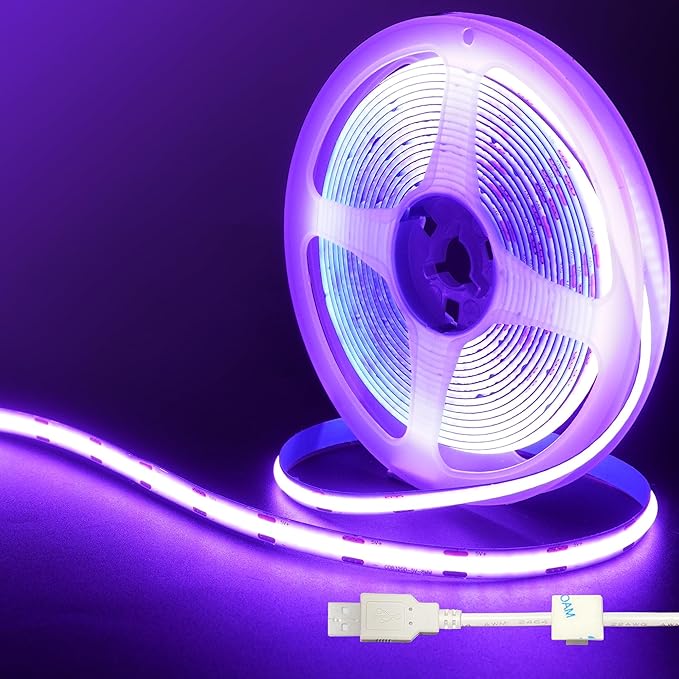 5V USB COB LED Strip Lights,6.56FT/2M,Purple,320LEDs/M,8mm Width,Not Waterproof IP20,1M USB Cable,Flexible LED Tape Light for DIY Home Indoor Decoration