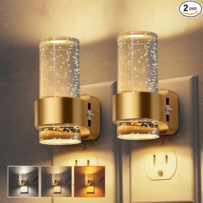 L LOHAS LED Night Lights Plug into Wall, 2 Pack Mini Dimmable Night Light with Dusk-to-Dawn, Soft White/Cool White/Amber 3 Light Color, 0-100LM Adjustable Brightness, Bubble Nightlight for Hallway