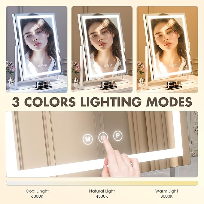 Hasipu Vanity Mirror with Lights, 35 x 45cm LED Tabletop Makeup Mirror for Desk, LSmart Touch 3 Color Modes and Brightness Adjustment, 10X Magnifying Glass,360° Rotation, White