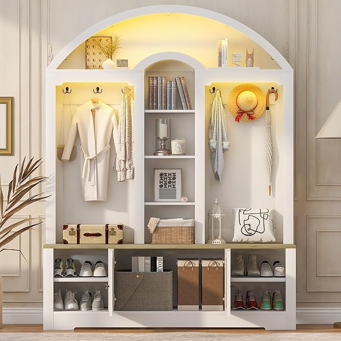 Merax 59" Multi-Functional Hall Tree with Shoe Racks, Curved Style Scandinavian Entryway Organizer with Hangers, Hooks & Shelves for Mudroom, Living Room, White+Walnut