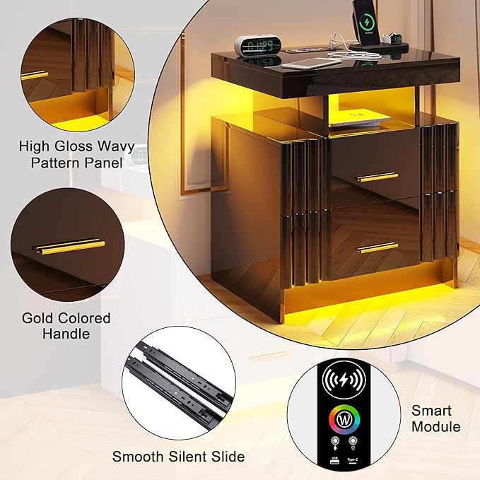 Nightstand with Wireless Charging Station, Bedroom Bedside Table with RGB Lights, Smart Night Stand with 2 Drawers, Bedside Tables Modern Bedside Table for Bedroom, Living Room(Black)