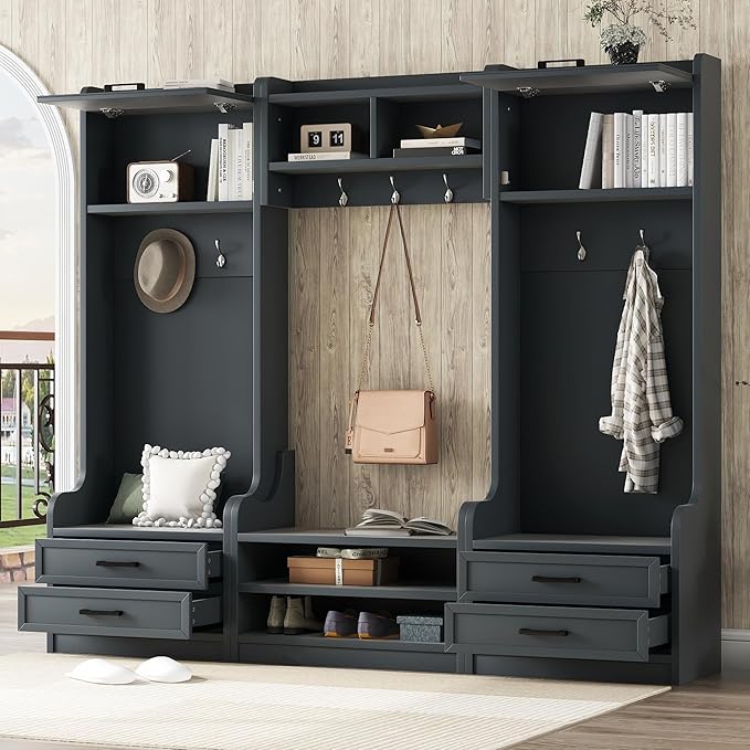 Bellemave Wide Hall Tree with Storage Bench, Wood Coat Rack with Cabinet and 7 Hooks, Mudroom Organizer with Shoes Storage Cubbies for Entryway Hallway (Dark Blue, 78" W)