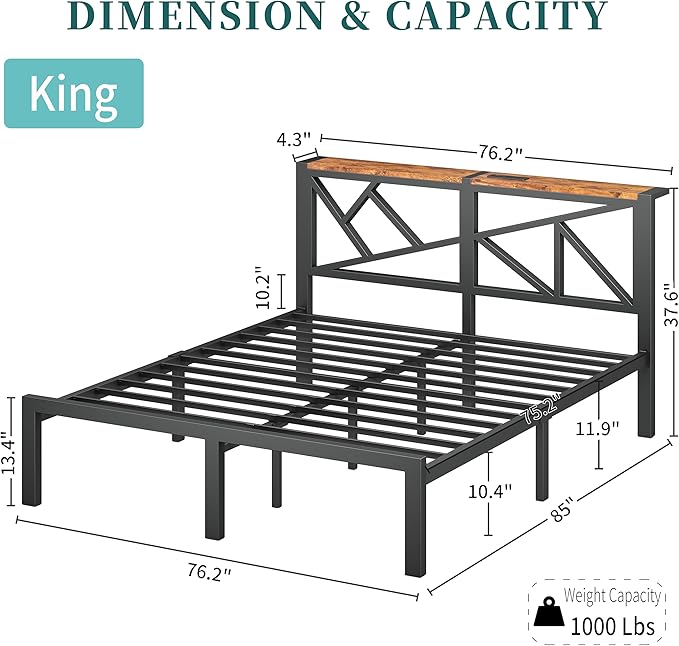 King Size Black Metal Bed Frame with USB Charging Station, LED Ambient Lighting, and Wooden Storage Headboard - Includes Under-Bed Storage, No Box Spring Needed, Noise Free, Easy Assembly