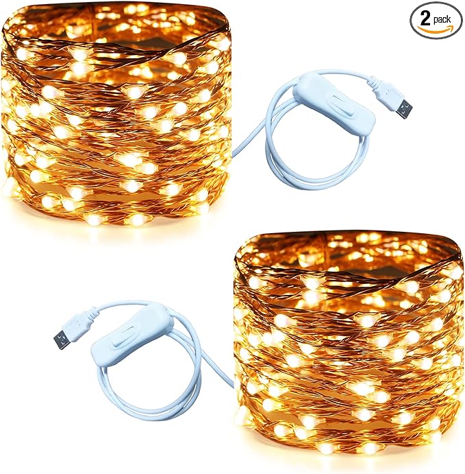 RUICHEN 20 Ft 120 LED USB Fairy String Lights with On/Off Switch, Waterproof Copper Wire Lights for Bedroom Wall Ceiling Wreath Crafts Christmas Wedding Party, Warm White, 2 Pack