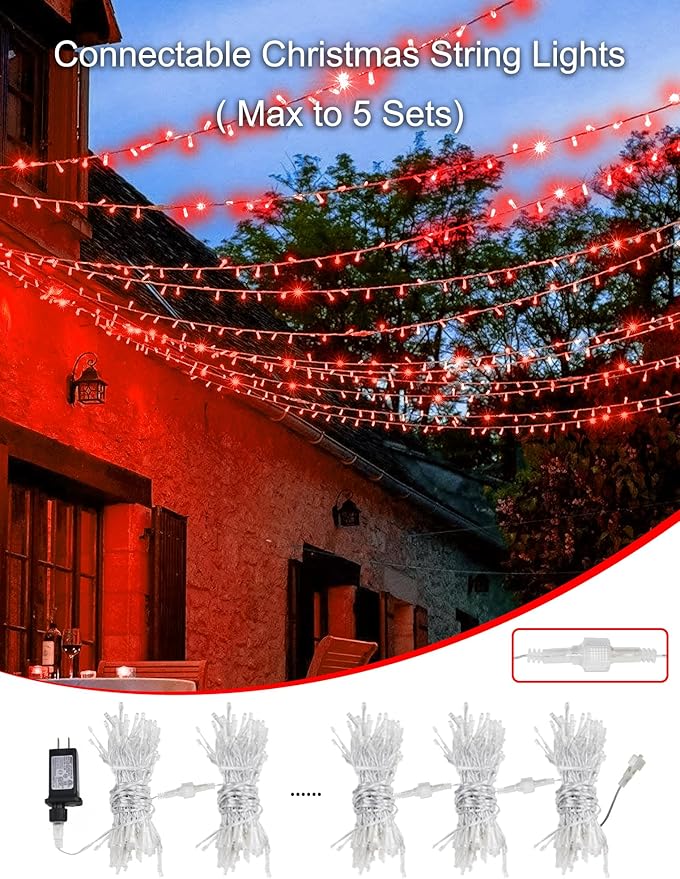 String Lights Indoor Bedroom, 33FT 100 LED Fairy String Lights Outdoor Waterproof, 8 Modes Memory Twinkle Christmas Light Plug in for Classroom Dorm Patio Tree Garden Decor (Red)