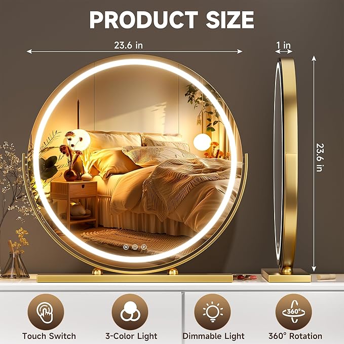 Hasipu Vanity Mirror with Lights, 23.6" LED Makeup Mirror, Lighted Makeup Mirror with Lights, Smart Touch Control 3 Colors Dimmable Round Mirror 360°Rotation Gold