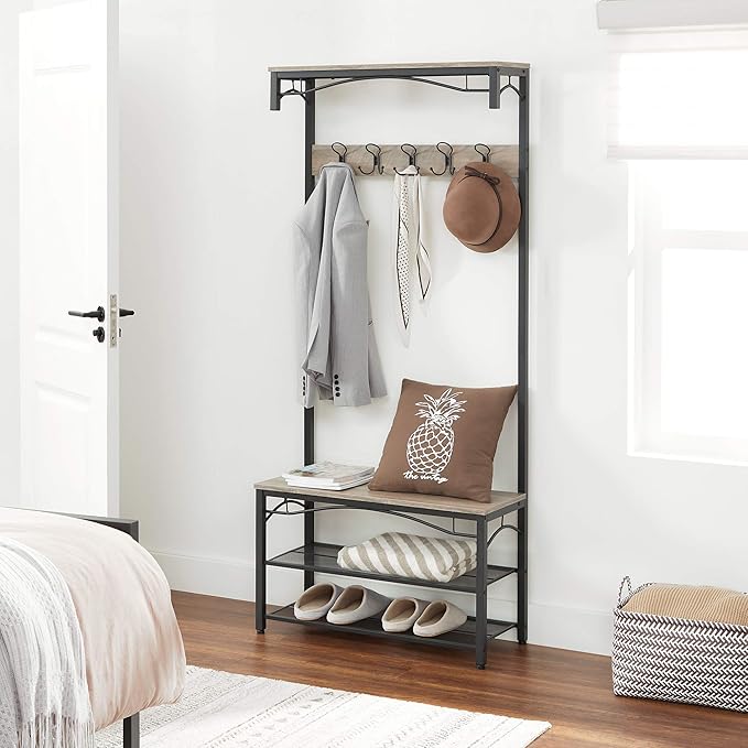 VASAGLE Shoe Bench Rack, 3-Tier Storage Shelf for Entryway Hallway Living Room, Industrial Accent Furniture with Steel Frame, 12.6 x 31.5 x 70.3 Inches, Greige