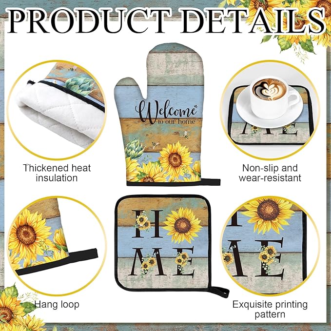 Fourluoo 10 Pcs Sunflower Kitchen Decor Set Sunflower Kitchen Towels and Rugs Oven Mitts and Pot Holders Farmhouse Decor for Women Mom Gift Cooking Baking Grilling